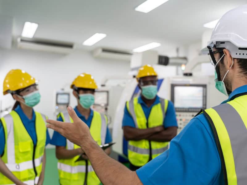 Life Care team conducting workplace health and safety training with factory workers.