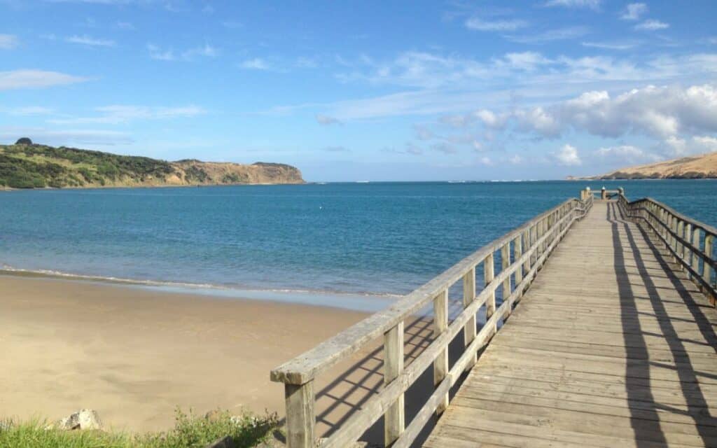 Serene coastal view with a wooden pier extending over a tranquil beach and blue waters.